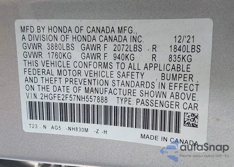 2022 Honda Civic Sport z USA, uszkodzony, nr VIN 2HGFE2F57NH557888